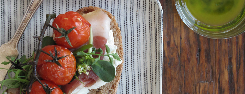 Tomato, Prosciutto and Pea Shoot Tartine with Pesto<span>Photograph, Food & Prop Styling and Recipe by Victoria Walsh</span>